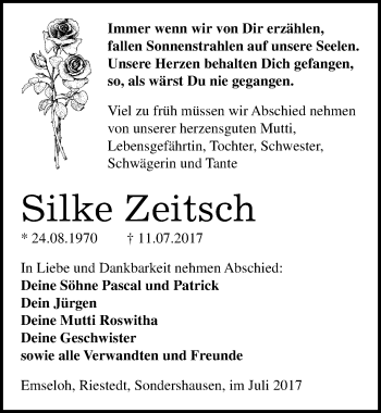 Traueranzeige von Silke Zeitsch von Mitteldeutsche Zeitung Sangerhausen
