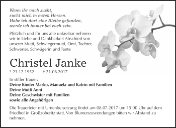 Traueranzeige von Christel Janke von WVG - Wochenspiegel Bitterfeld