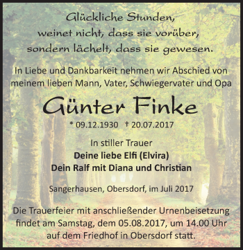 Traueranzeige von Günter Finke von Mitteldeutsche Zeitung Sangerhausen