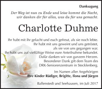 Traueranzeige von Charlotte Duhme von Mitteldeutsche Zeitung Quedlinburg