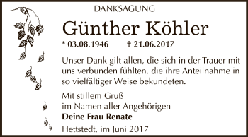 Traueranzeige von Günther Köhler von Wochenspiegel Mansfelder Land