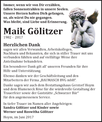 Traueranzeige von Maik Gölitzer von Mitteldeutsche Zeitung Aschersleben