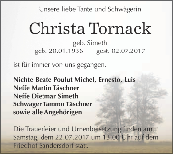 Traueranzeige von Christa Tornack von WVG - Wochenspiegel Bitterfeld