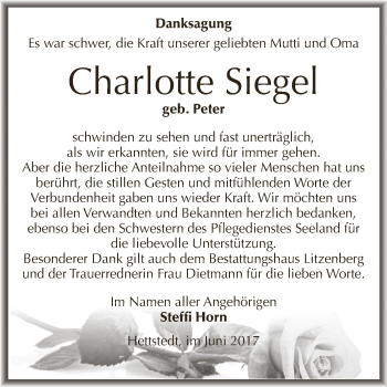 Traueranzeige von Charlotte Siegel von Wochenspiegel Mansfelder Land