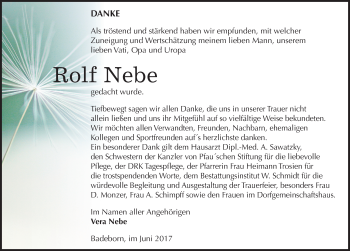 Traueranzeige von Rolf Nebe von Mitteldeutsche Zeitung Quedlinburg