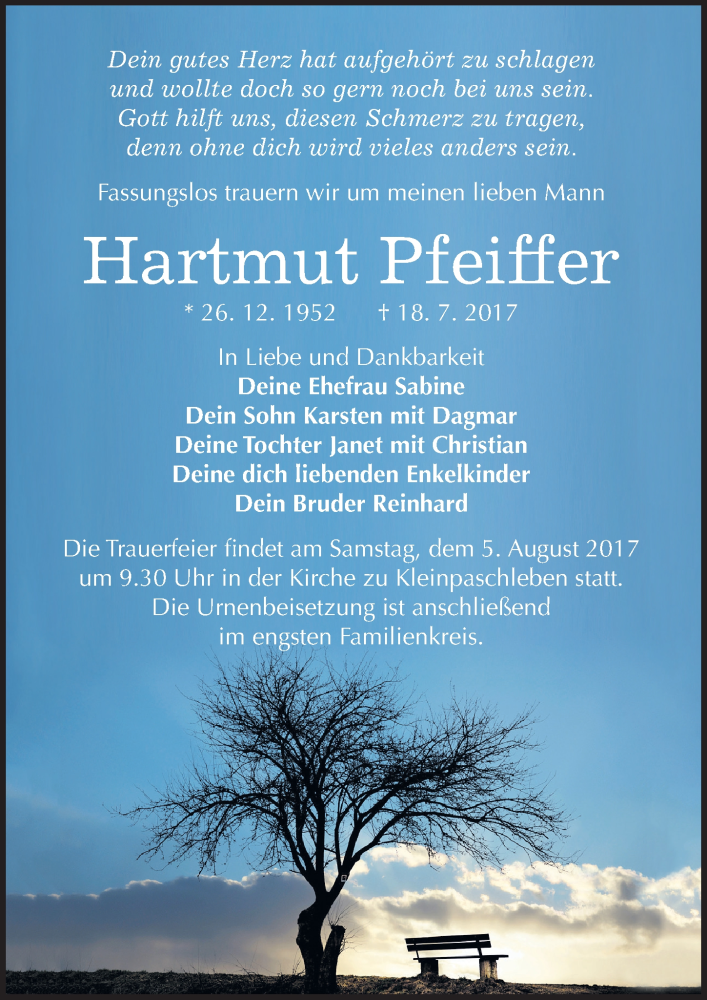  Traueranzeige für Hartmut Pfeiffer vom 22.07.2017 aus Mitteldeutsche Zeitung Köthen