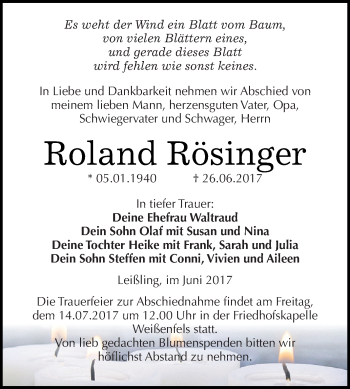 Traueranzeige von Roland Rösinger von WVG - Wochenspiegel NMB / WSF / ZTZ