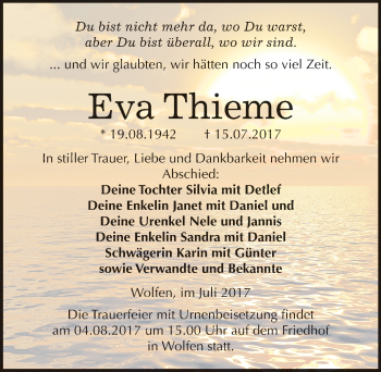 Traueranzeige von Eva Thieme von Mitteldeutsche Zeitung Bitterfeld