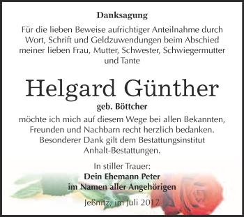 Traueranzeige von Helgard Günther von WVG - Wochenspiegel Bitterfeld