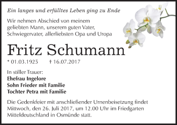 Traueranzeige von Fritz Schumann von Mitteldeutsche Zeitung Halle/Saalkreis