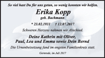 Traueranzeige von Erika Kopp von WVG - Wochenspiegel Quedlinburg