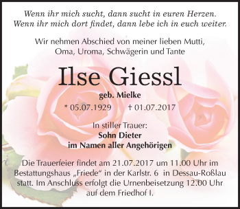 Traueranzeige von Ilse Giessl von Mitteldeutsche Zeitung Dessau-Roßlau