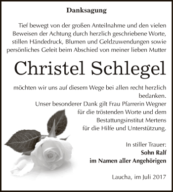 Traueranzeige von Christel Schlegel von WVG - Wochenspiegel NMB / WSF / ZTZ