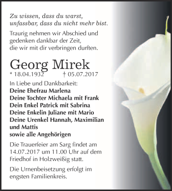 Traueranzeige von Georg Mirek von WVG - Wochenspiegel Bitterfeld