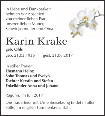 Traueranzeige von Karin Krake von WVG - Wochenspiegel Bitterfeld