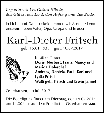 Traueranzeige von Karl-Dieter Fritsch von Mitteldeutsche Zeitung Mansfelder Land