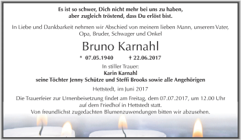 Traueranzeige von Bruno Karnahl von Wochenspiegel Mansfelder Land