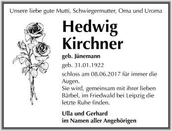 Traueranzeige von Hedwig Kirchner von Mitteldeutsche Zeitung Mansfelder Land