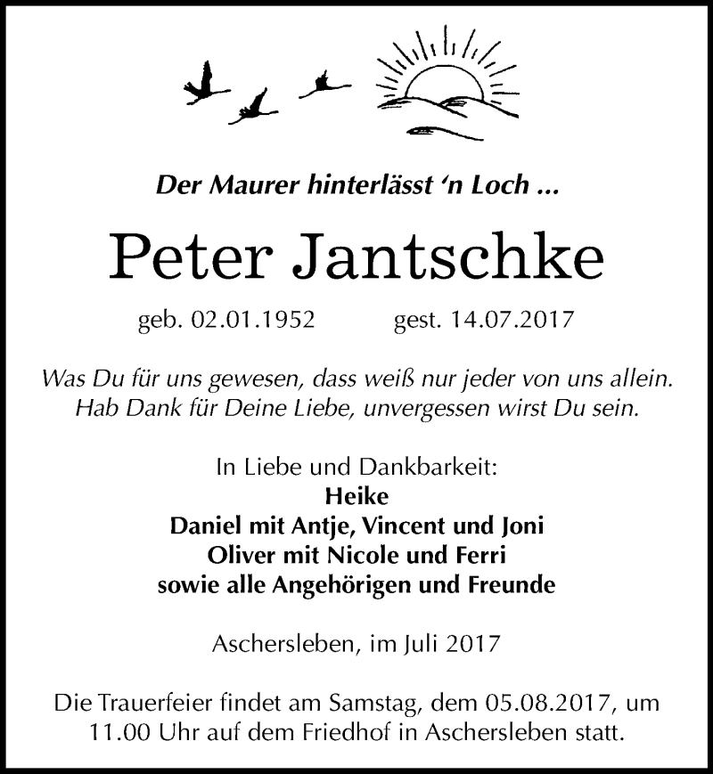  Traueranzeige für Peter Jantschke vom 22.07.2017 aus Mitteldeutsche Zeitung Aschersleben