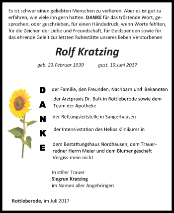 Traueranzeige von Rolf Kratzing von Super Sonntag SGH Mansf. Land