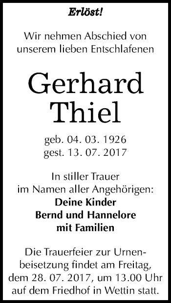 Traueranzeige von Gerhard Thiel von Mitteldeutsche Zeitung Halle/Saalkreis