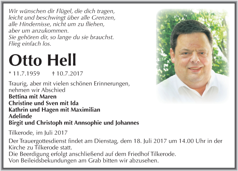  Traueranzeige für Otto Hell vom 15.07.2017 aus Mitteldeutsche Zeitung Mansfelder Land