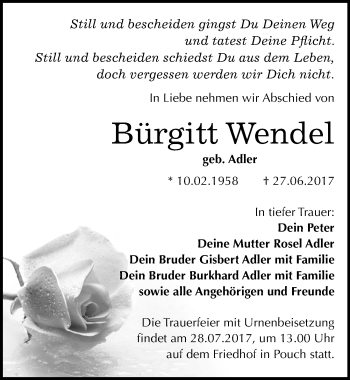 Traueranzeige von Bürgitt Wendel von Mitteldeutsche Zeitung Bitterfeld