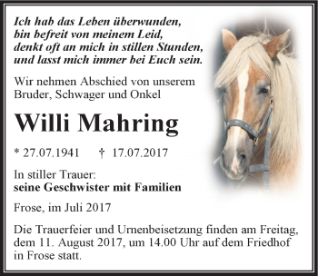 Traueranzeige von Willi Mahring von Mitteldeutsche Zeitung Aschersleben