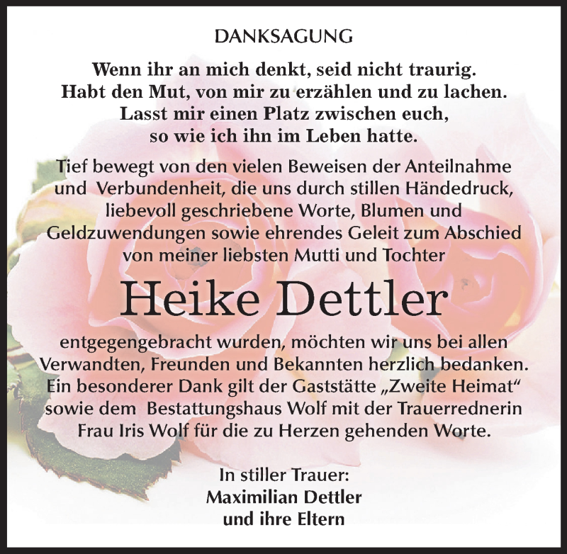  Traueranzeige für Heike Dettler vom 15.07.2017 aus Mitteldeutsche Zeitung Weißenfels