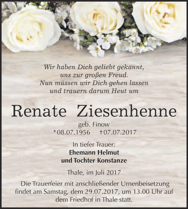  Traueranzeige für Renate Ziesenhenne vom 15.07.2017 aus Super Sonntag Quedlinburg