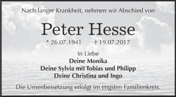Traueranzeige von Peter Hesse von WVG - Wochenspiegel Bitterfeld