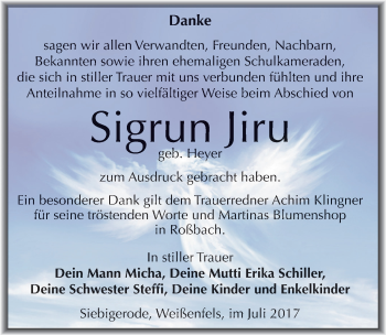 Traueranzeige von Sigrun Jiru von Mitteldeutsche Zeitung Mansfelder Land