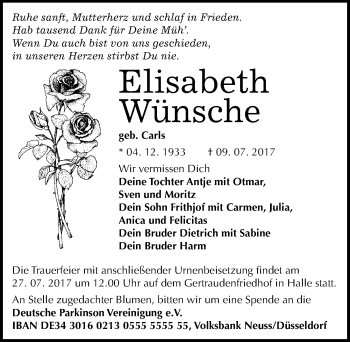 Traueranzeige von Elisabeth Wünsche von Mitteldeutsche Zeitung Halle/Saalkreis