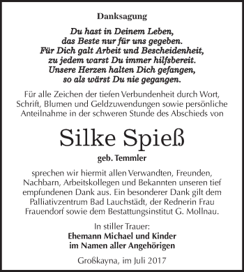 Traueranzeige von Silke Spieß von WVG - Wochenspiegel Merseburg
