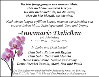 Traueranzeige von Annemarie Dalichau von WVG - Wochenspiegel Dessau / Köthen