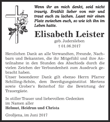 Traueranzeige von Elisabeth Leister von WVG - Wochenspiegel NMB / WSF / ZTZ