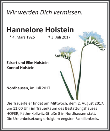 Traueranzeige von Hannelore Holstein von Mitteldeutsche Zeitung Bernburg