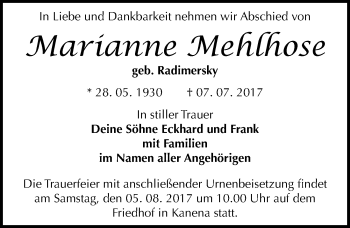 Traueranzeige von Marianne Mehlhose von Mitteldeutsche Zeitung Halle/Saalkreis