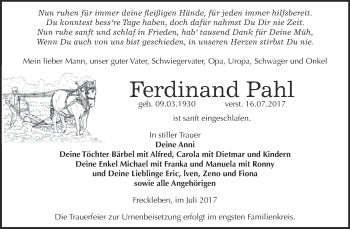 Traueranzeige von Ferdinand Pahl von Super Sonntag SGH Mansf. Land