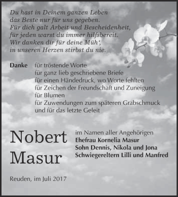 Traueranzeige von Nobert Masur von WVG - Wochenspiegel Bitterfeld