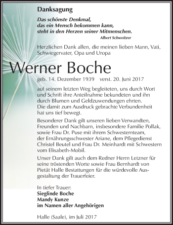 Traueranzeige von Werner Boche von Mitteldeutsche Zeitung Halle/Saalkreis