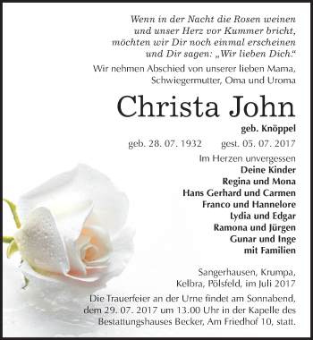 Traueranzeige von Christa John von Mitteldeutsche Zeitung Sangerhausen