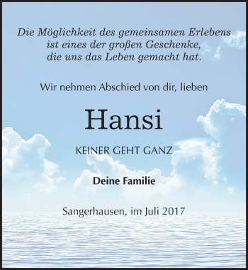 Traueranzeige von Hansi  von Mitteldeutsche Zeitung Sangerhausen