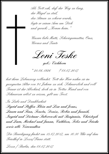 Traueranzeige von Loni Teske von Mitteldeutsche Zeitung Naumburg/Nebra