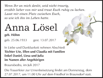 Traueranzeige von Anna Lösel von Mitteldeutsche Zeitung Merseburg/Querfurt