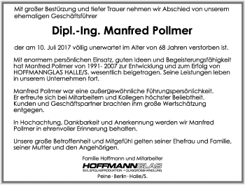 Traueranzeige von Manfred Pollmer von Mitteldeutsche Zeitung Halle/Saalkreis