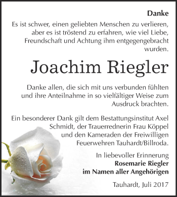 Traueranzeige von Joachim Riegler von WVG - Wochenspiegel NMB / WSF / ZTZ