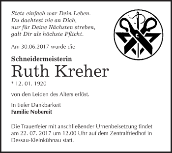 Traueranzeige von Ruth Kreher von WVG - Wochenspiegel Bitterfeld