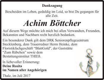 Traueranzeige von Achim Böttcher von Super Sonntag Quedlinburg