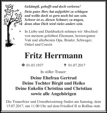 Traueranzeige von Fritz Herrmann von WVG - Wochenspiegel Dessau / Köthen